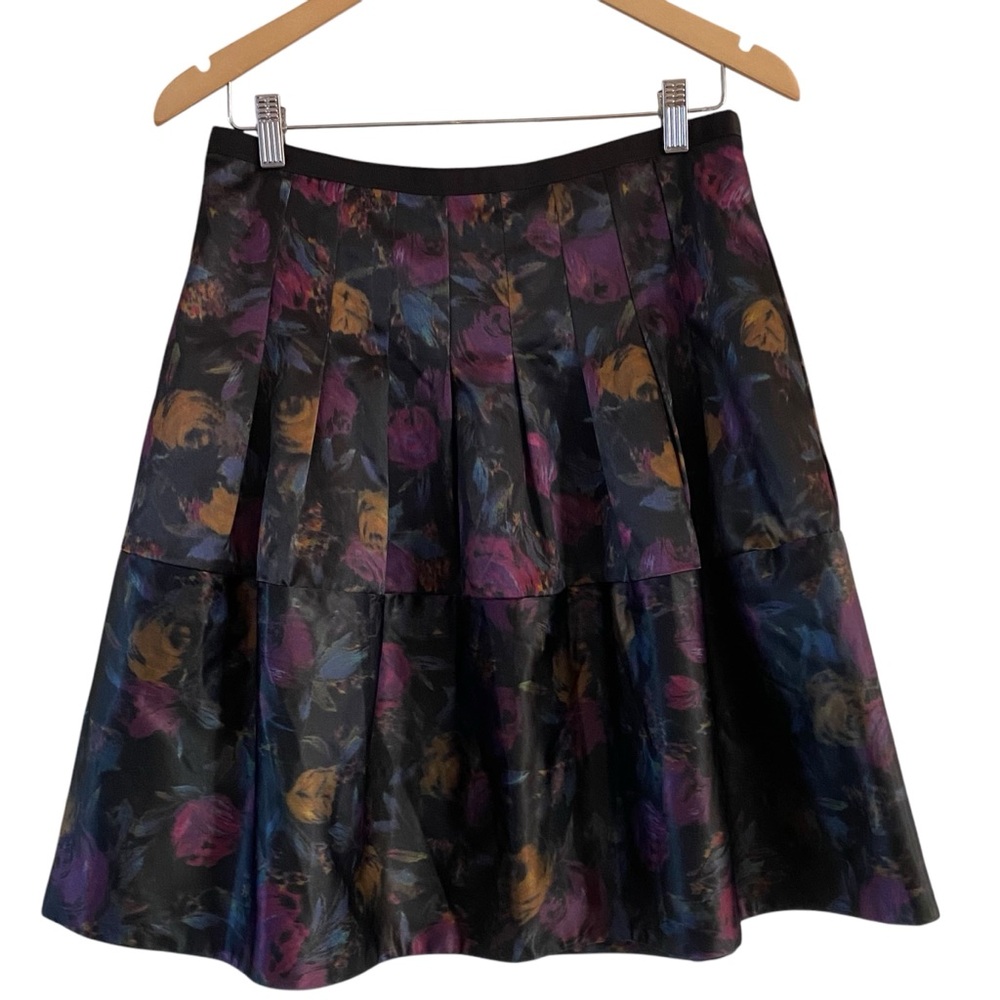 The Limited Pleated Skirt Black & Purple Floral Satin Pockets Women’s Size 6